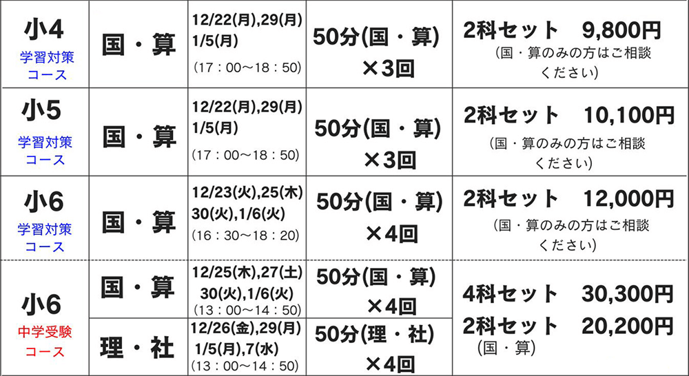 冬期講習 日程・費用 小4・小5・小6