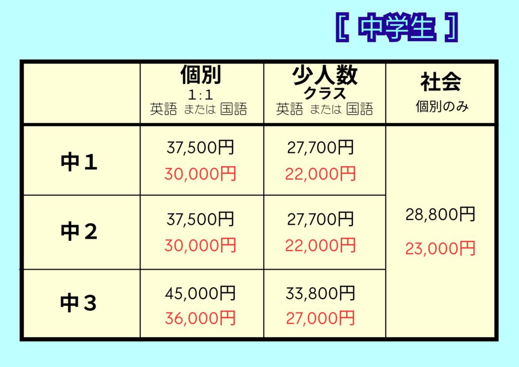 夏期講習料金・中学生